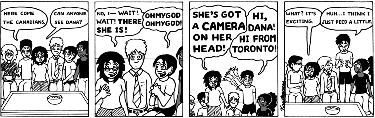 Enthusiastic squeeing is an acceptable response to seeing an acquaintance on TV as an Olympian, especially if she's got a camera on her head. West of Bathurst 1119
