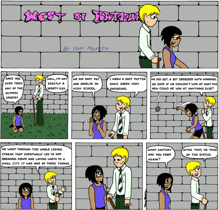 The plot gets even thicker when you realise that there was no shot put in the Olympics in Ancient Greece. More recently, Greek fellows tend not to lose their tempers and lay waste to small cities. Casey, you drive everyone crazy. West of Bathurst 1120